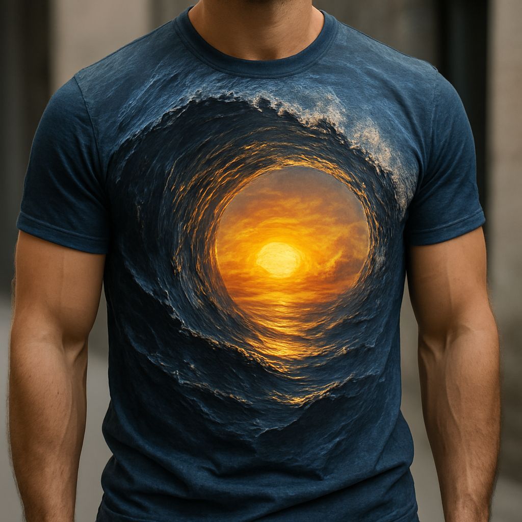 Ocean Wave Tunnel Sunset Print on T-Shirt