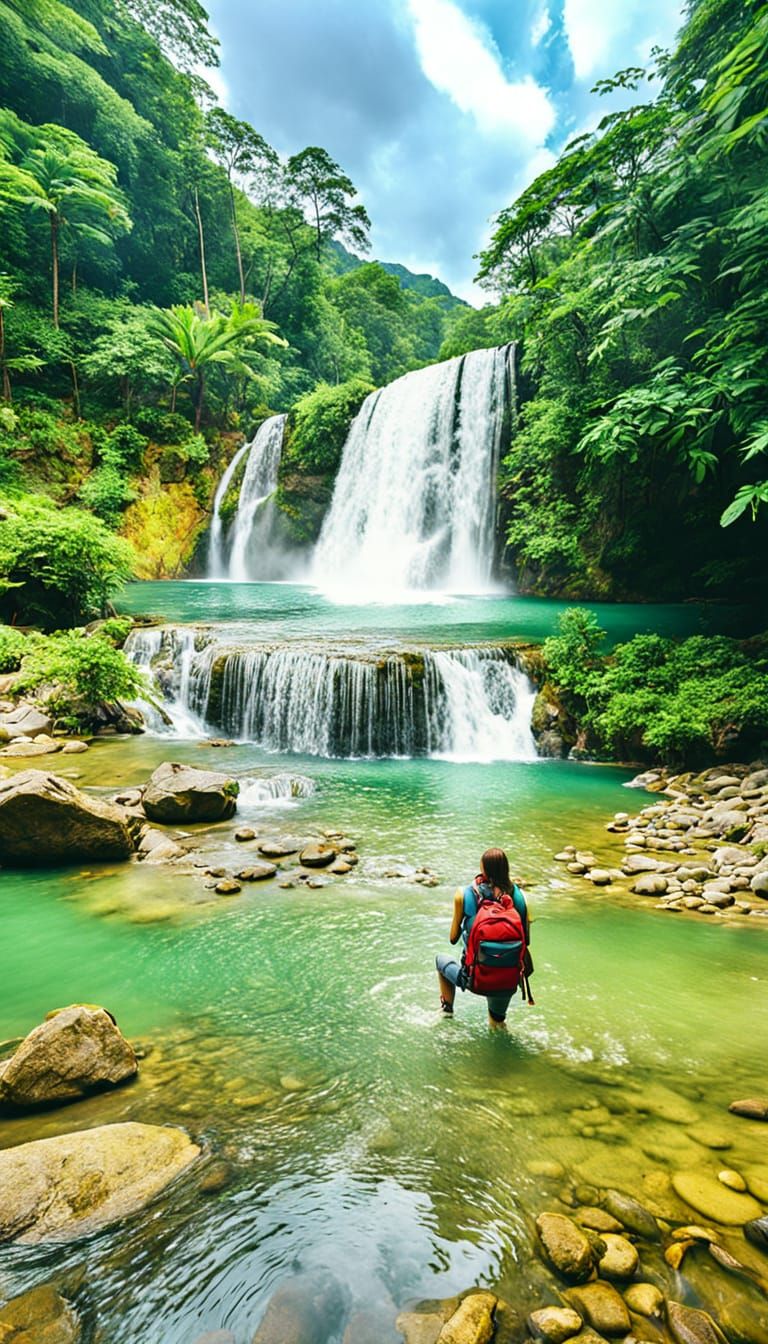 Adventurer Arrives at Lush Waterfall in Cinematic Style