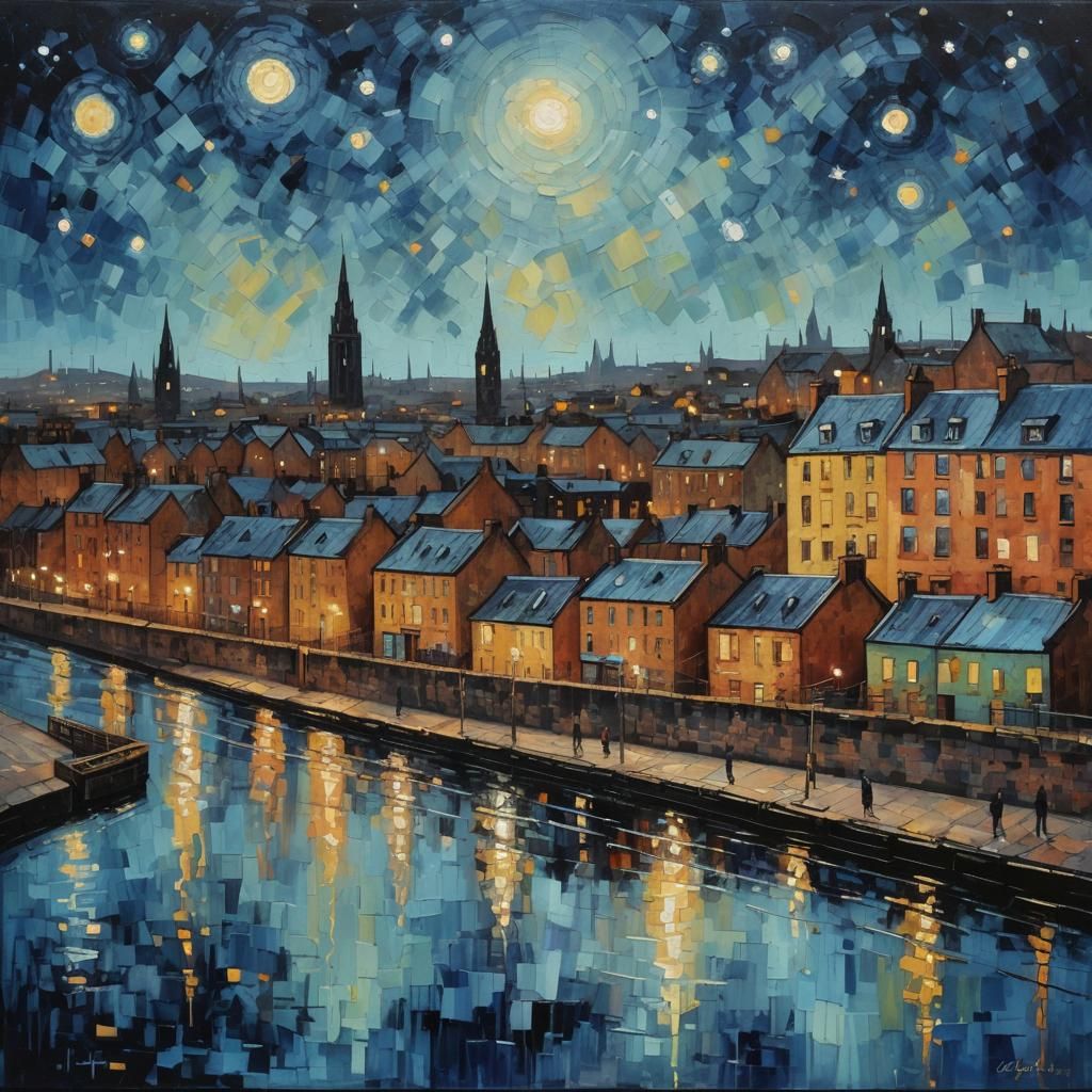 Gorbals Starry Night: Neo-Impressionist Expressionist Oil Pa...