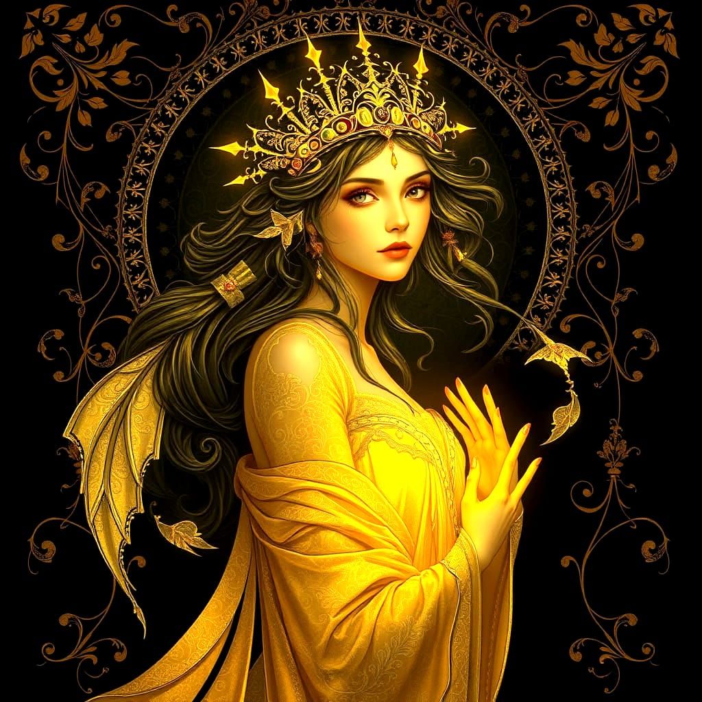 Ethereal Bioluminescent Maiden with Golden Filigree Designs