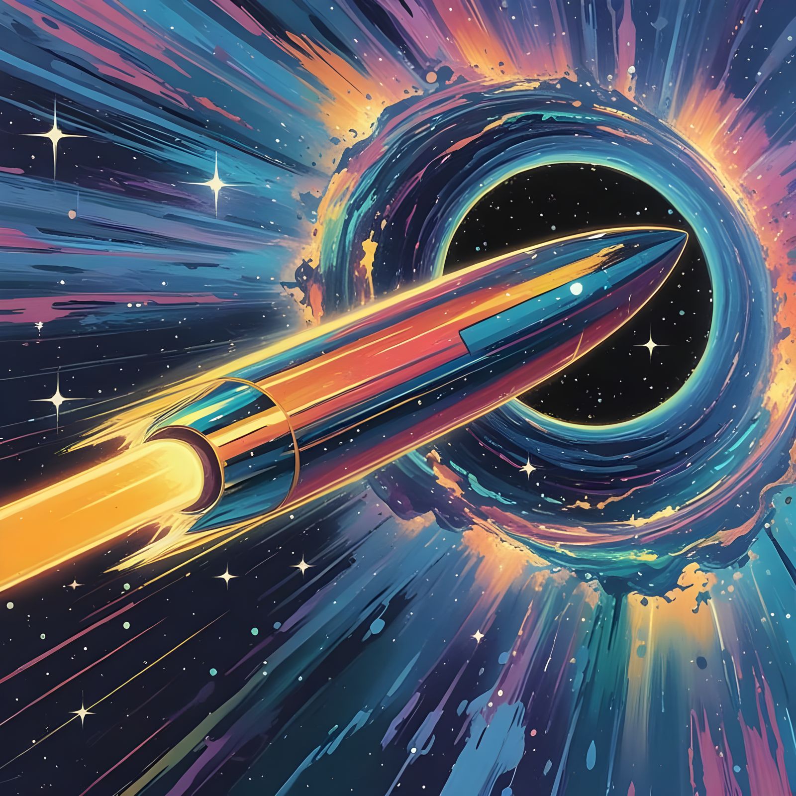 Iridescent Starship Blasts Through Cosmic Vortex