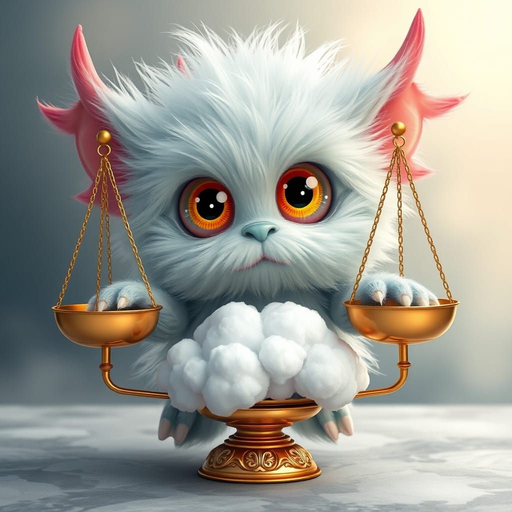 Whimsical Baby Monster Weighs Clouds on Golden Scale