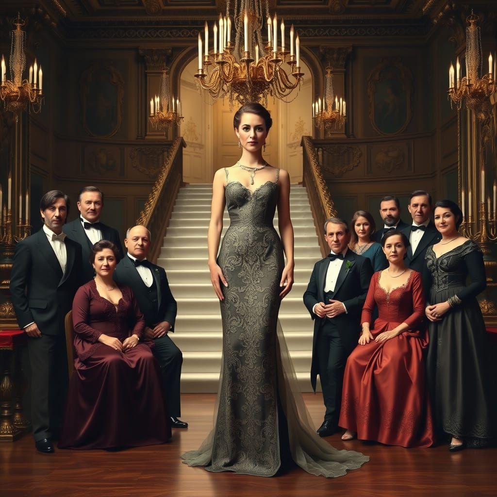Regal Woman Surrounded by Former Husbands in Lavish Ballroom...