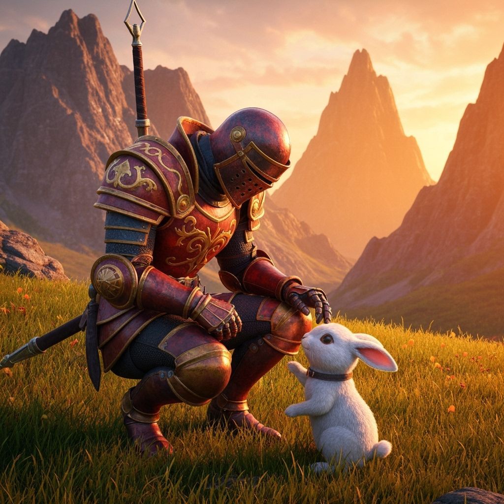Knight and Bunny in Meadow: Epic Fantasy Art