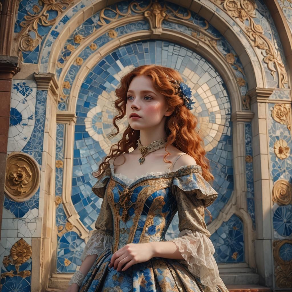 Belle Époque Girl on Azulejos Roof in Sunlight