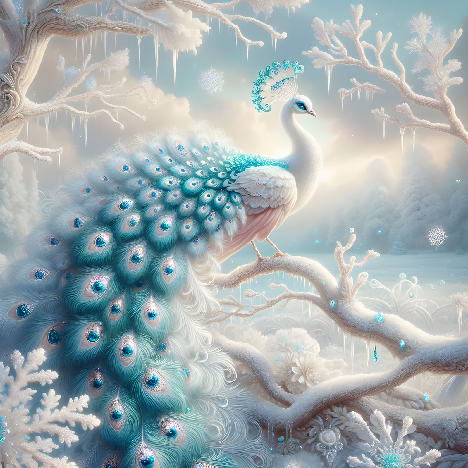 Majestic Turquoise Peacock in Winter Wonderland