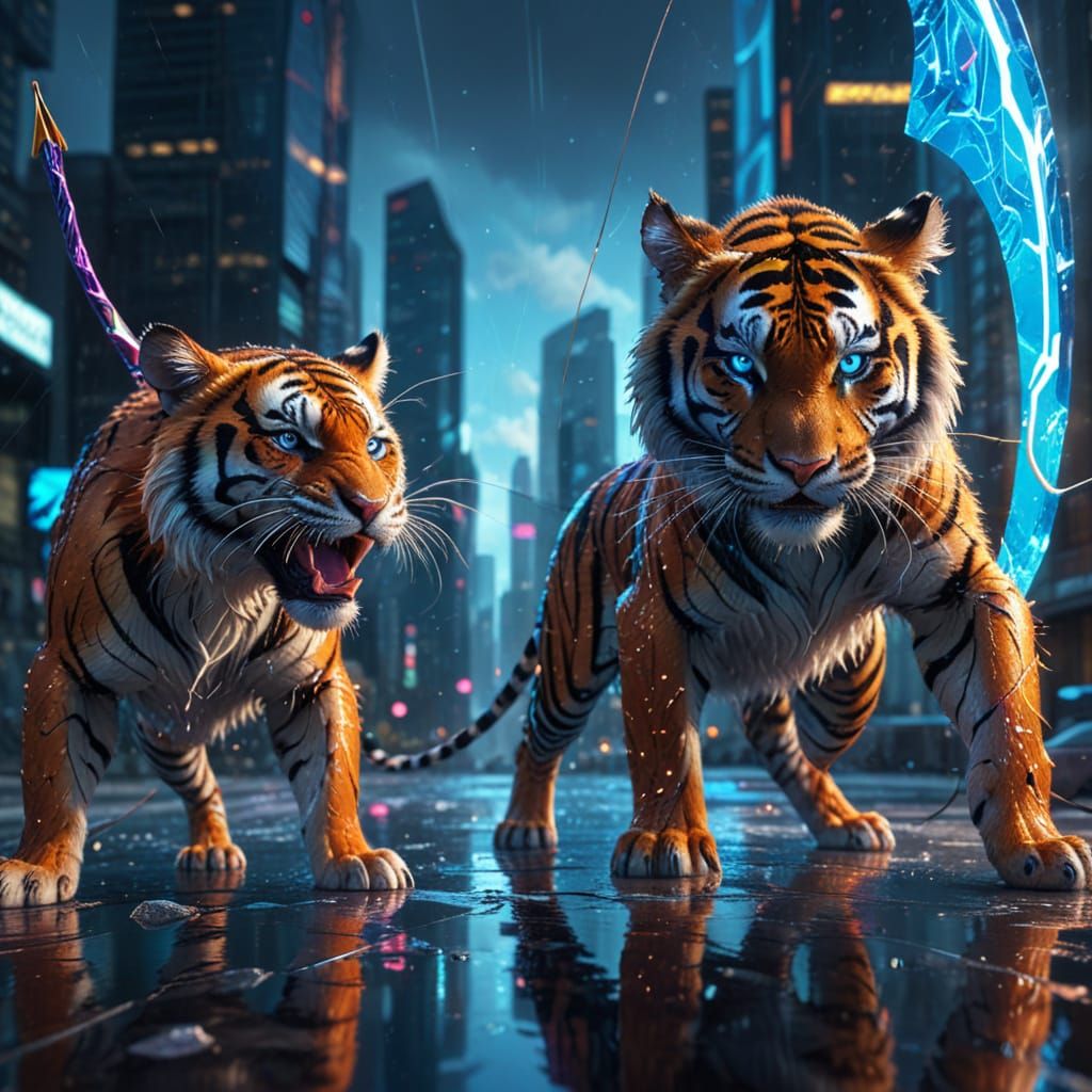 Epic Cyberpunk Hawkeye Archer Mouse Battles Tiger in Futuris...