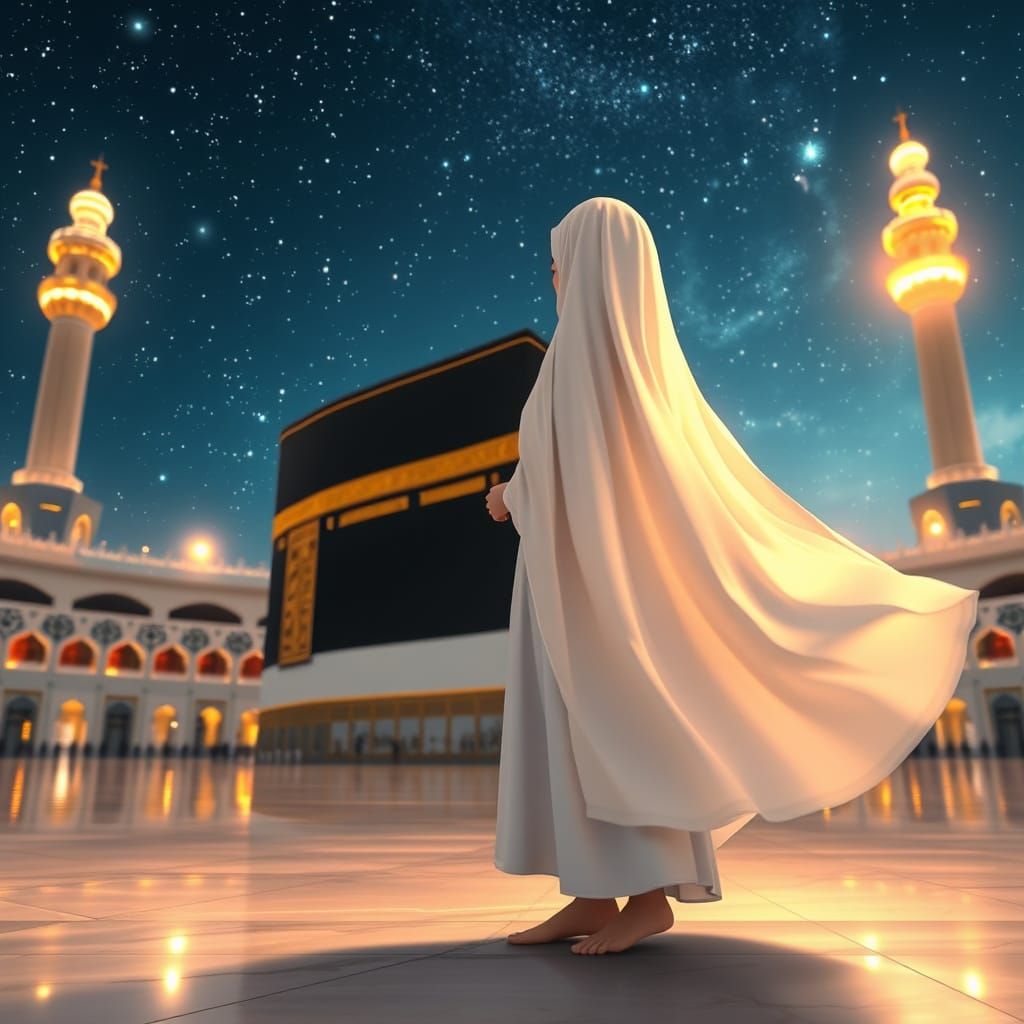 Muslim Girl Near Kaaba Under Starry Sky in Anime Style