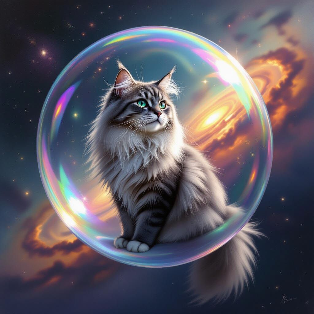 Cat in Iridescent Bubble Floating in Cosmos