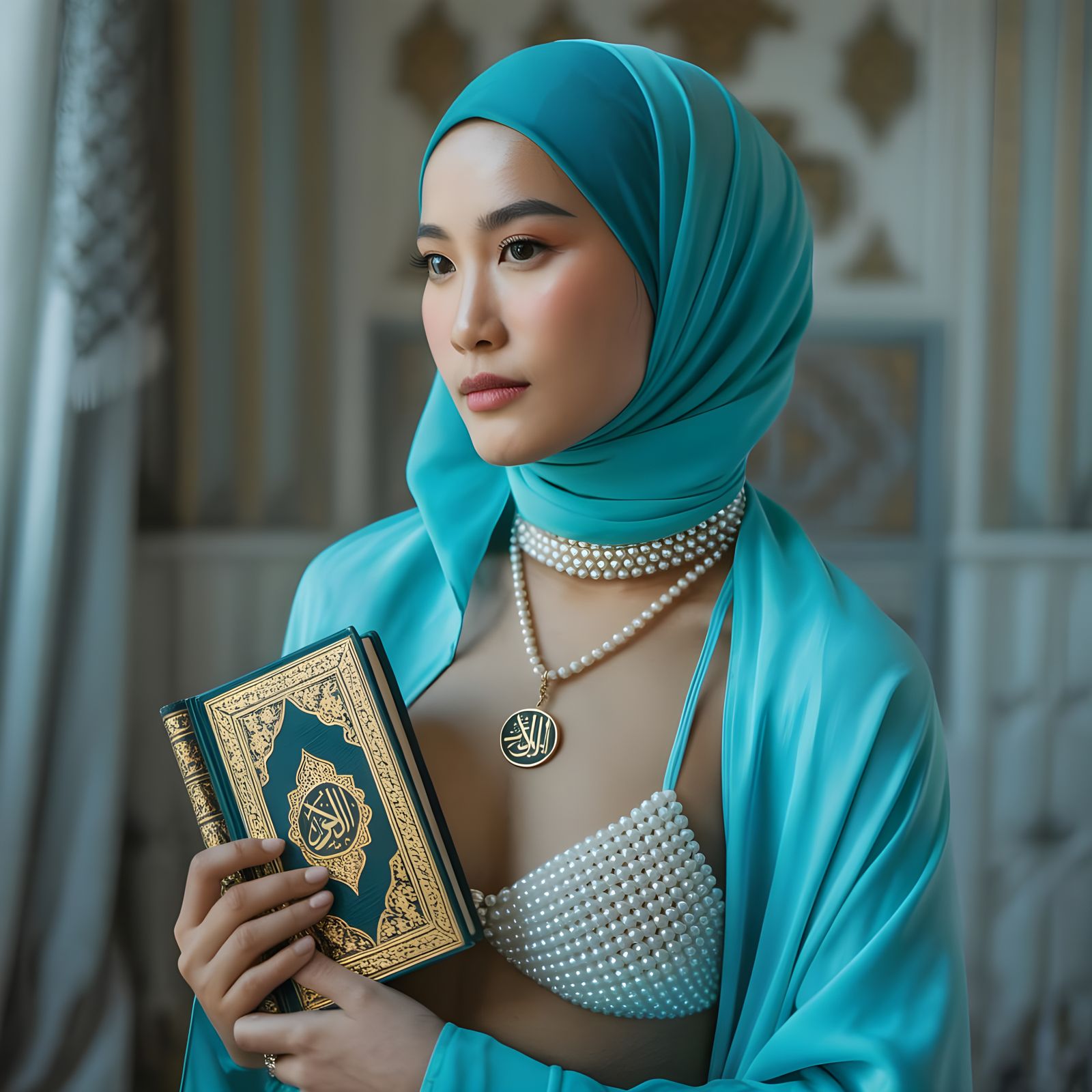 Elegant Asian Woman in Hijab and Pearl Bikini