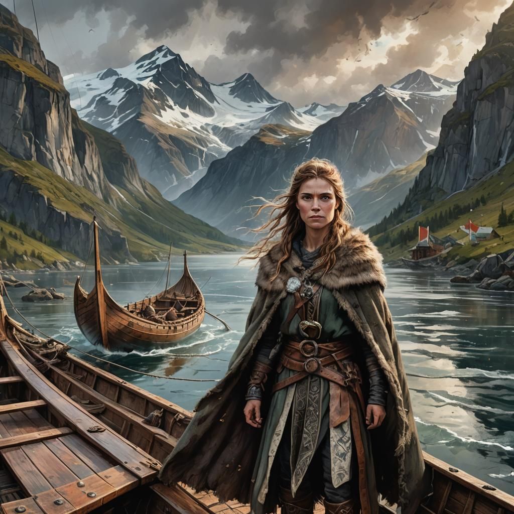 Viking Woman on Longship in Atmospheric Oil Painting Style