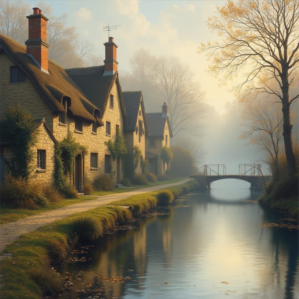 Quaint Village Beside Tranquil Lake in Autumn Mist