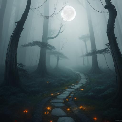 Eerie Watercolor Forest with Glowing Mushrooms