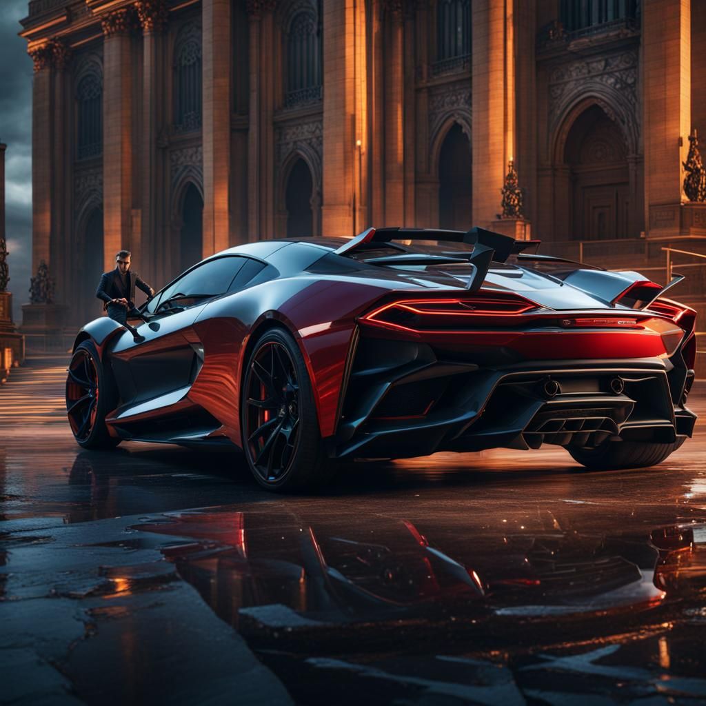 Man with Supercar and Sword: Detailed Matte Painting