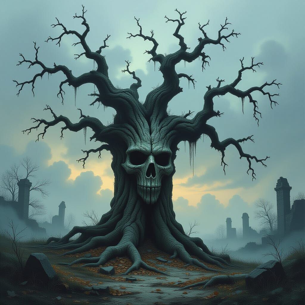 Ancient Tree Face in Desolate Dark Fantasy Landscape