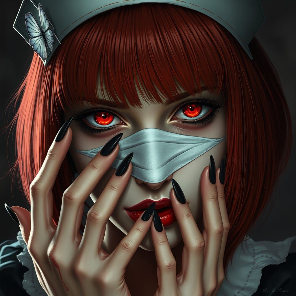 Ethereal Nurse with Rose Red Eyes and Sharp Black Nails