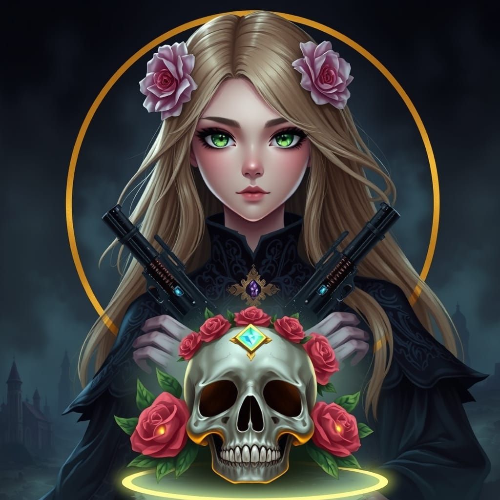 Ethereal Gothic Goddess with Flowers and Pistols