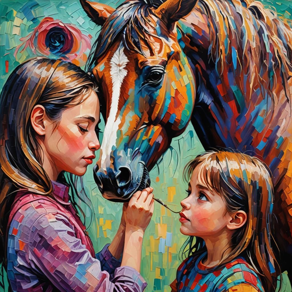 Horse and Girl: Expressionist Impasto Oil Painting