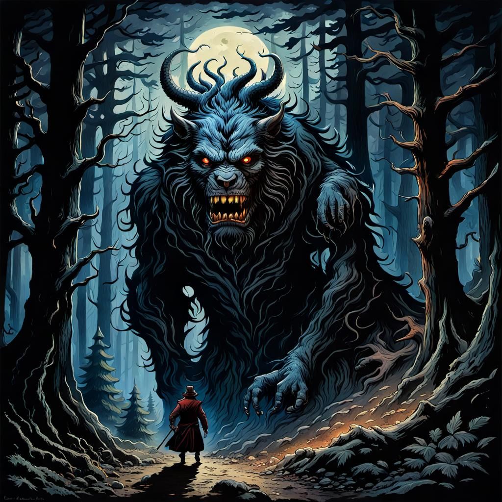Dark Beast in Black Forest, Gouache Style