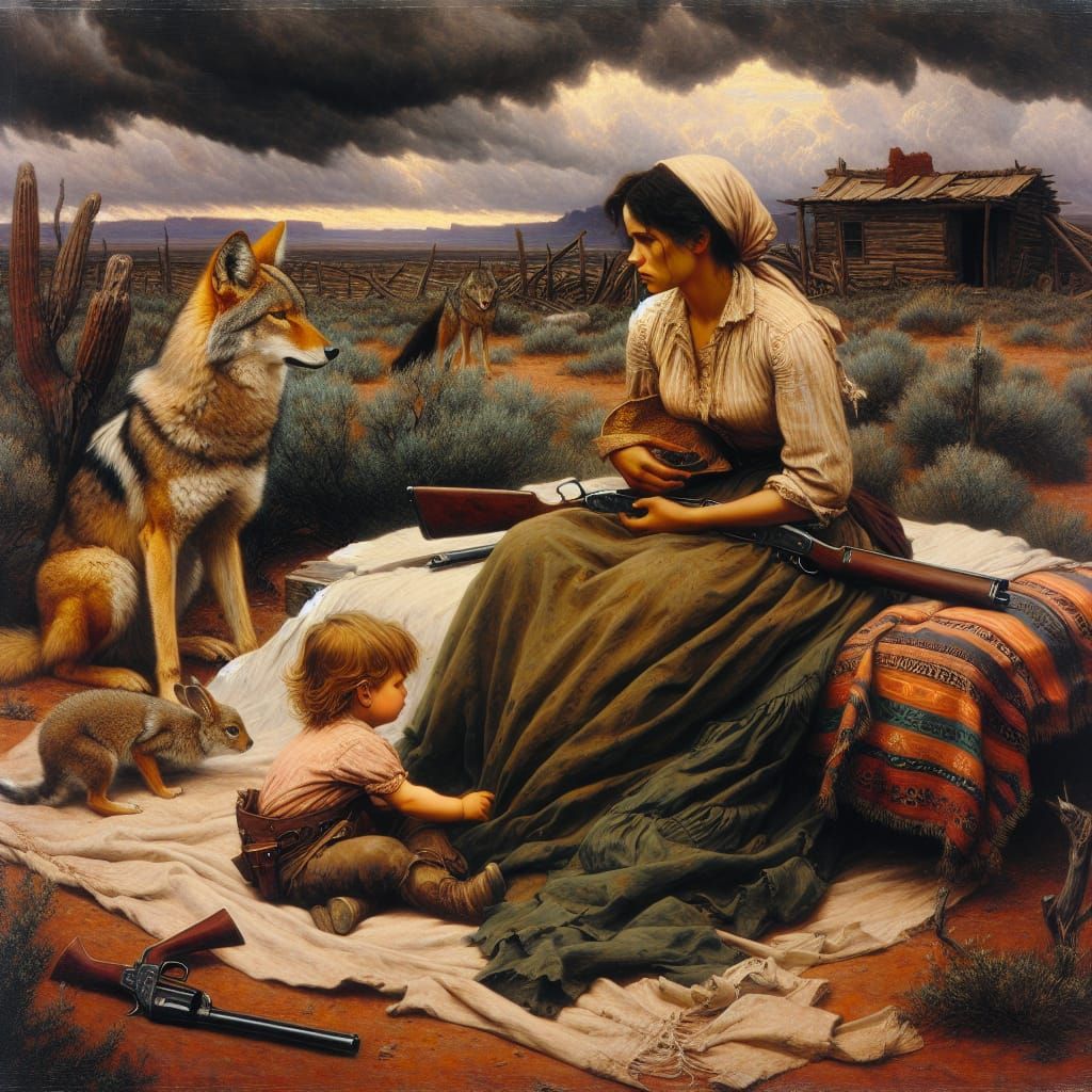 Weary Gunslinger and Child in Ominous Landscape