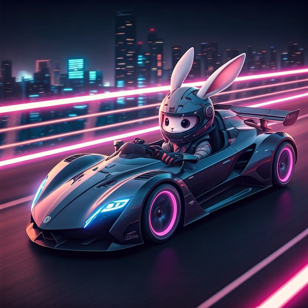 Anime Rabbit Races Through Cyberpunk Cityscape
