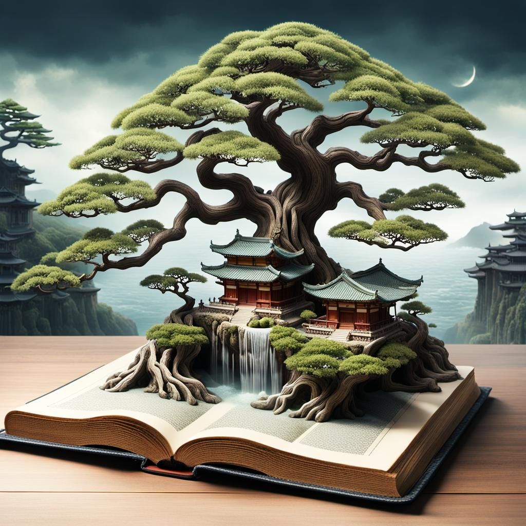 Surreal Bonsai Pagoda Landscape in Open Book
