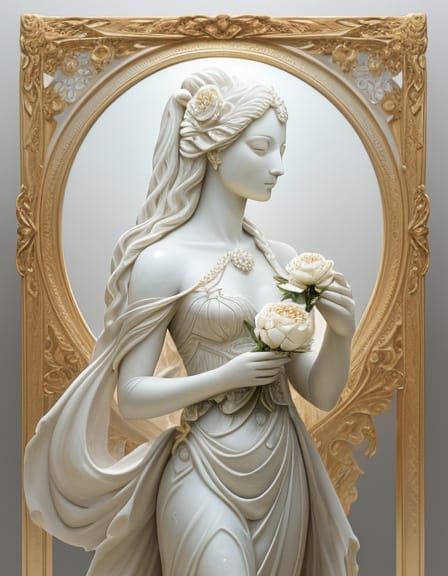 Marble Statue of Woman With Peony Blooming, Surrealist Style