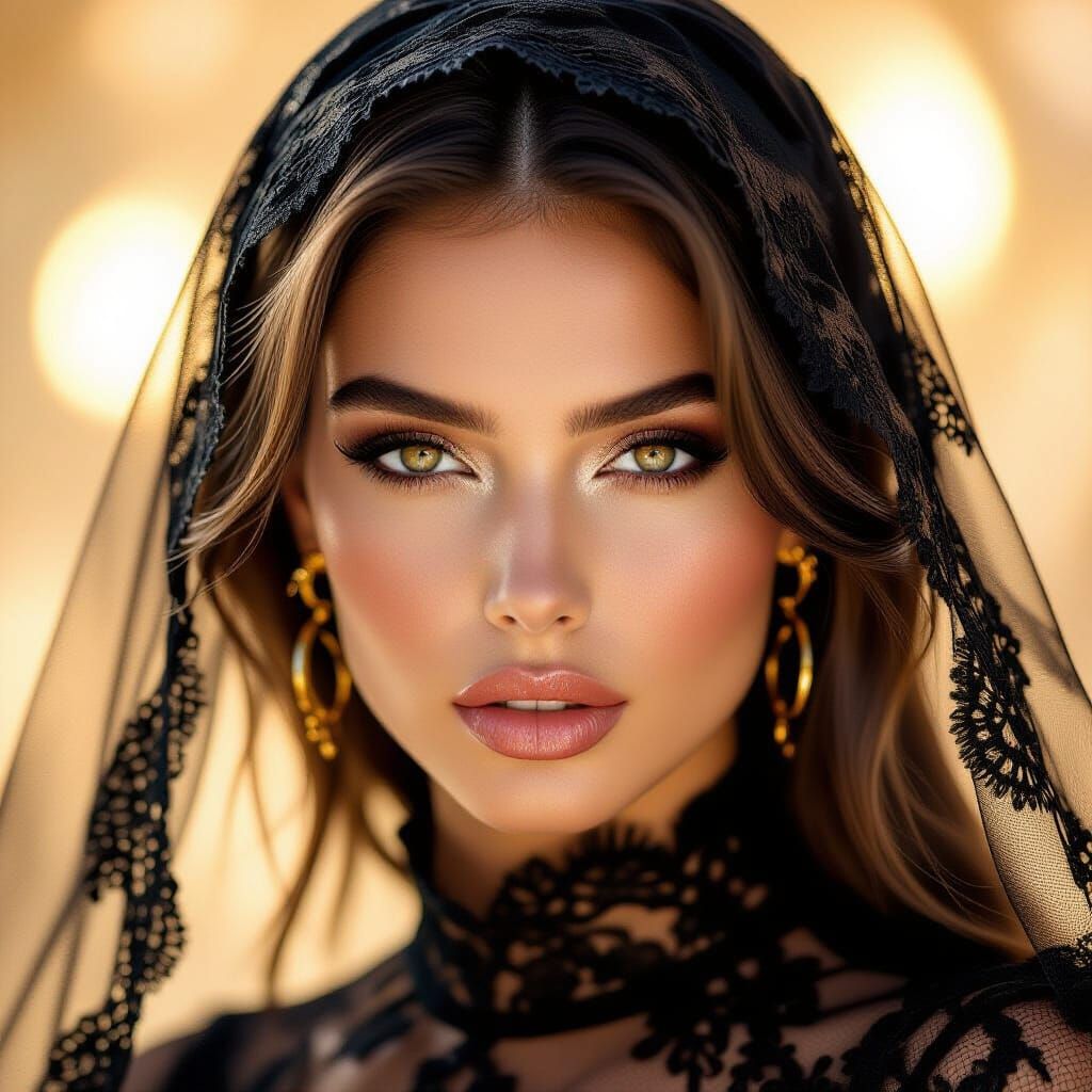 Elegant Woman with Golden Eyes Behind Lace Veil