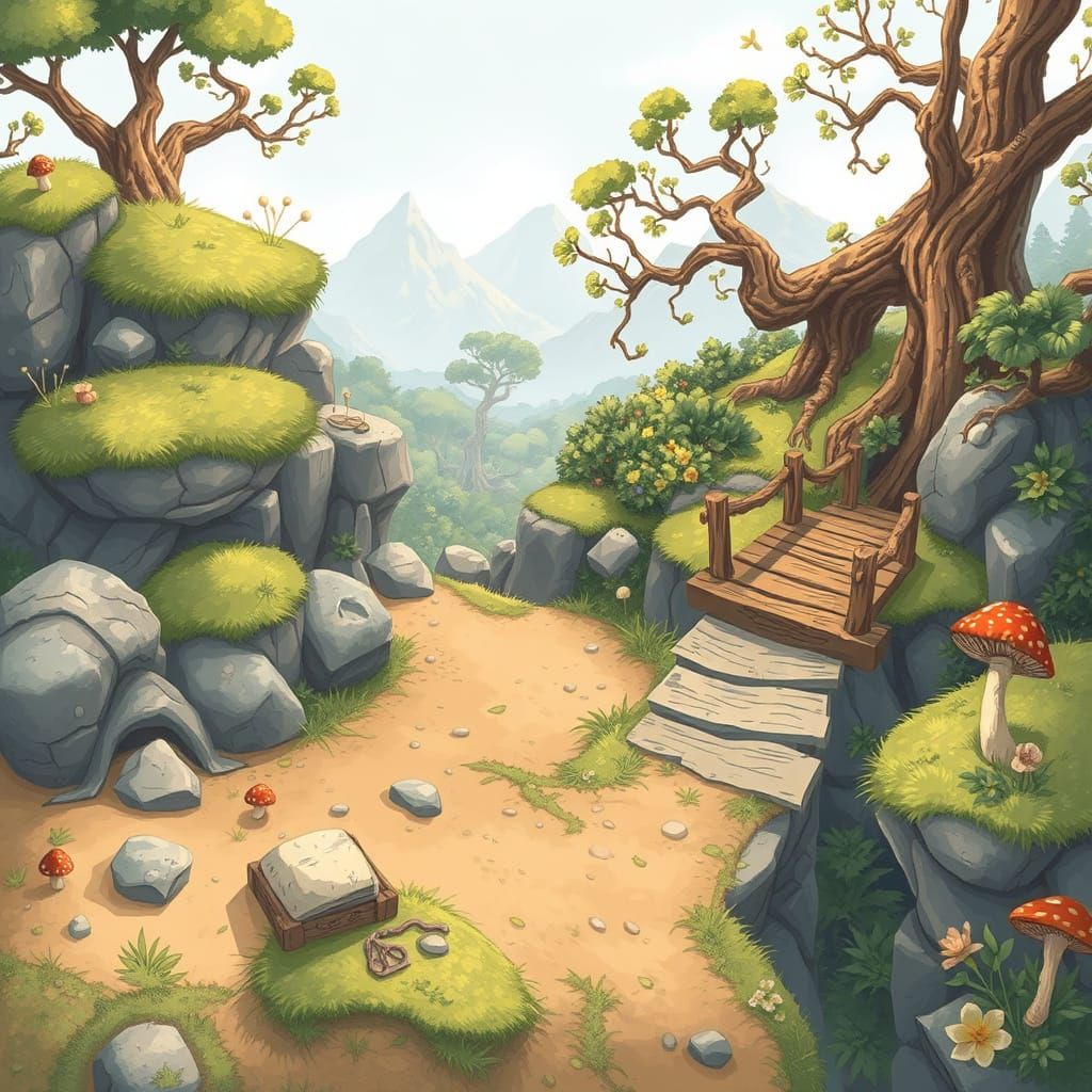 Whimsical Fantasy Platformer Scene with Hand-Drawn Aesthetic