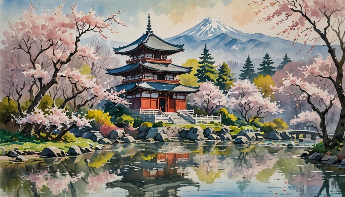 Japanese Temple in Spring: Impressionist Watercolor Gouache