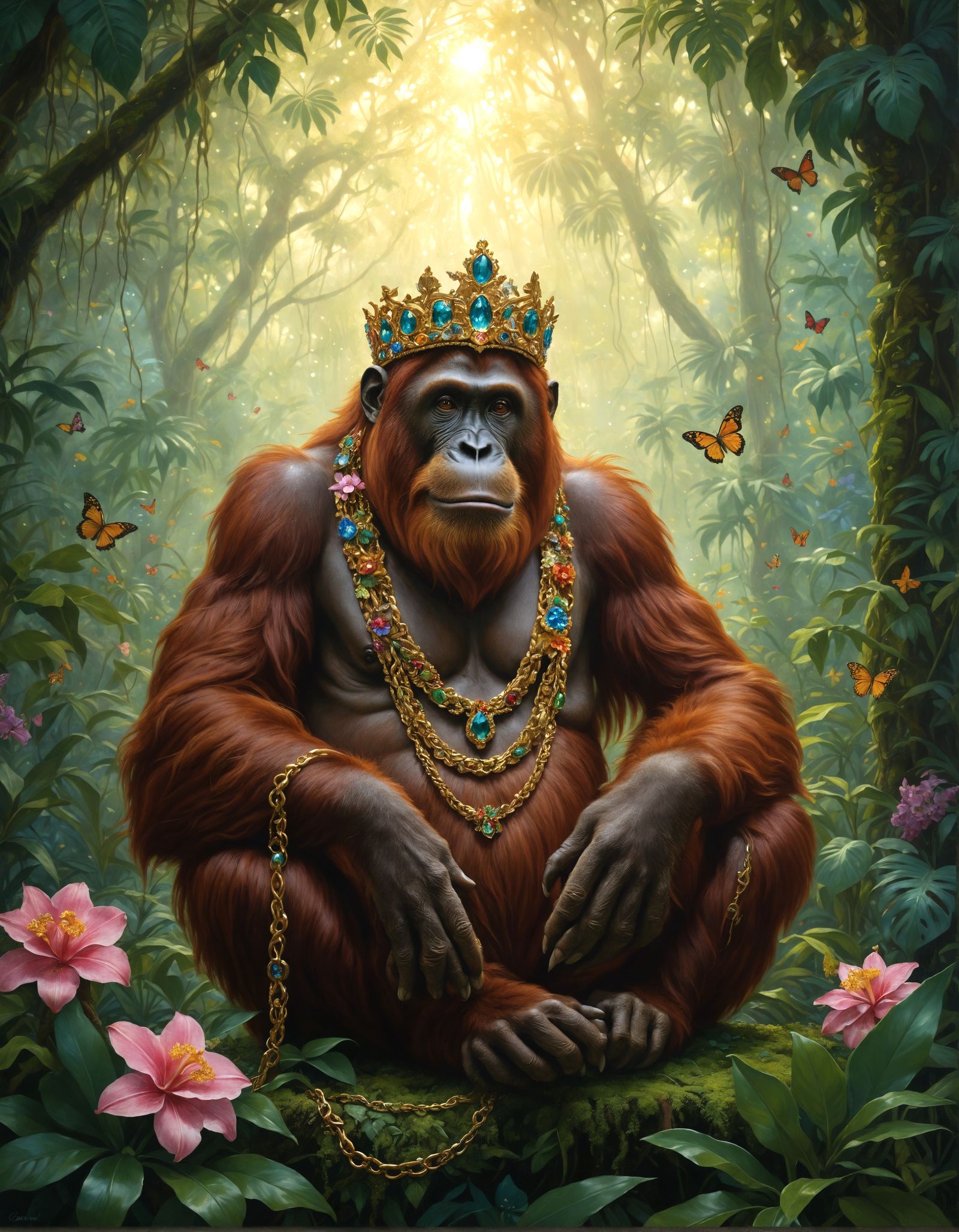 Crowned Orangutan in Art Nouveau Jungle Scene