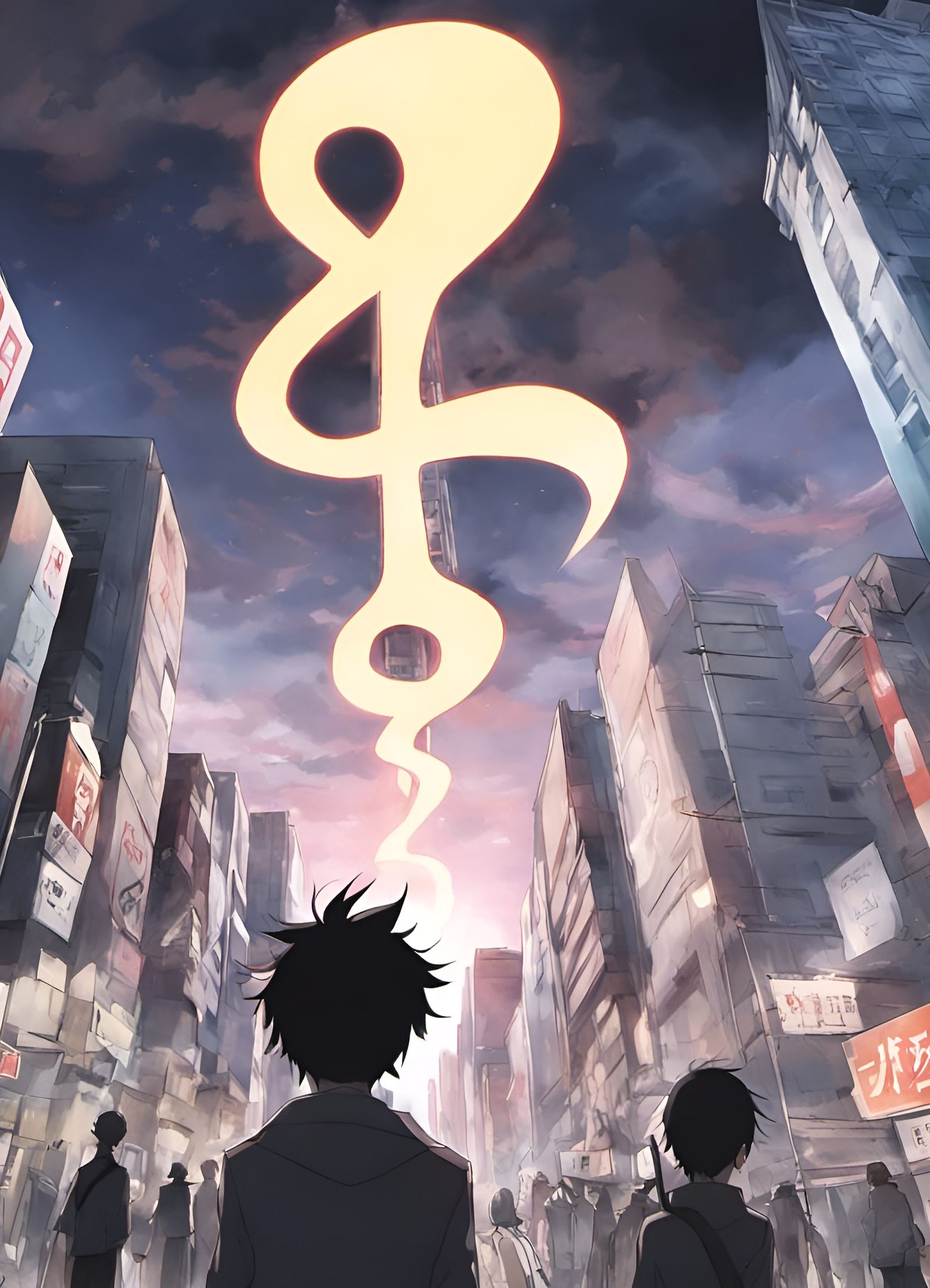 Giant Interrobang Destroys City in Anime Style