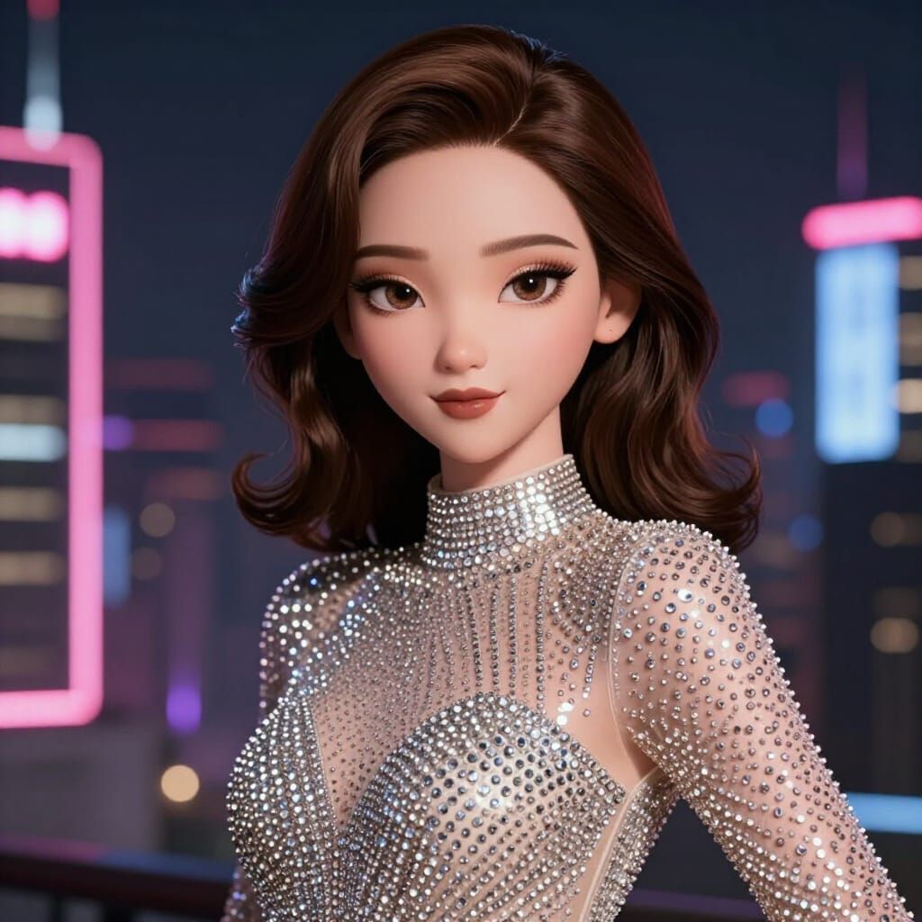 Elegant Asian Woman in Rhinestone Gown, Cinematic Portrait