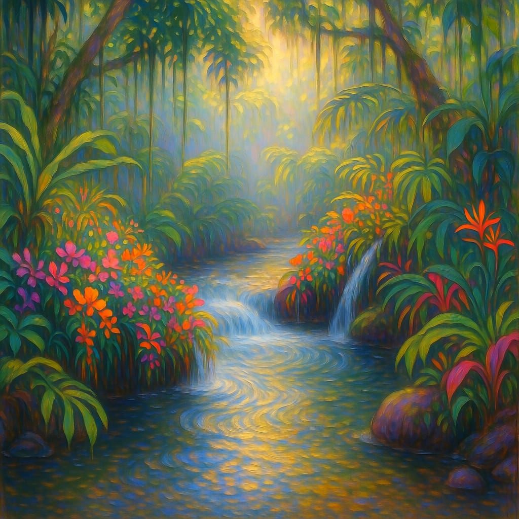 Lush Jungle Stream with Exotic Blossoms in Monet-Rousseau St...