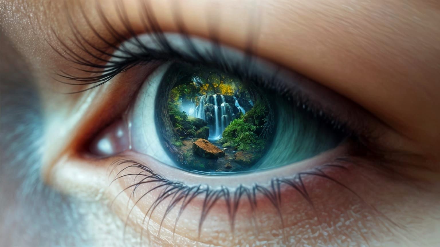 Mystical Eye Reflects Enchanted Waterfall Scene