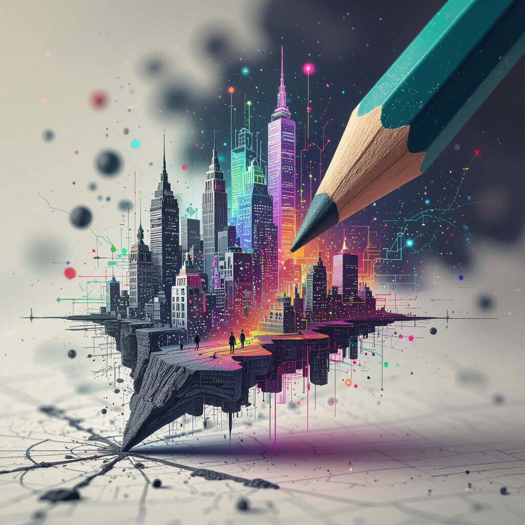 Surreal Cityscape Emerging from Pencil Tip