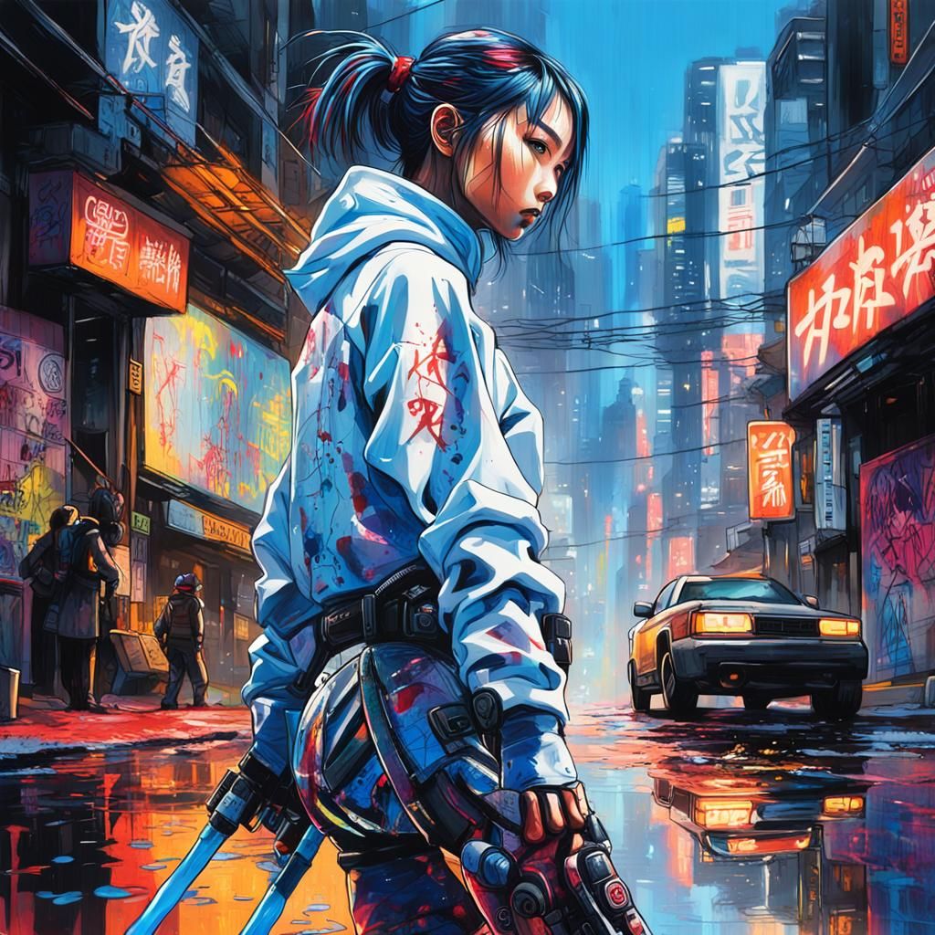Cyberpunk Kunoichi Overlooking a Neon Megacity