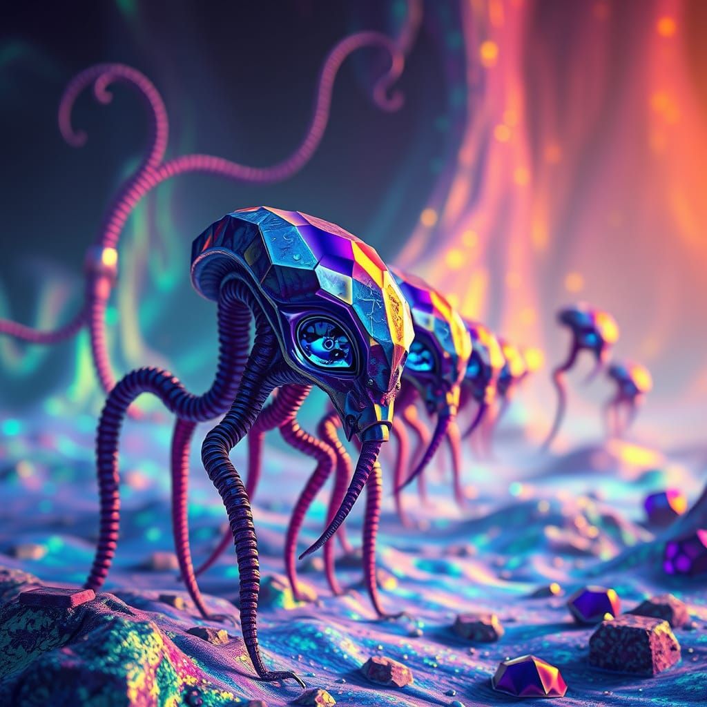 Surreal Biomechanical Landscape with Iridescent Creatures in...