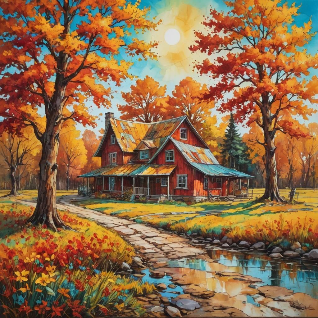 Autumn Farmhouse in Expressionist Impasto Style