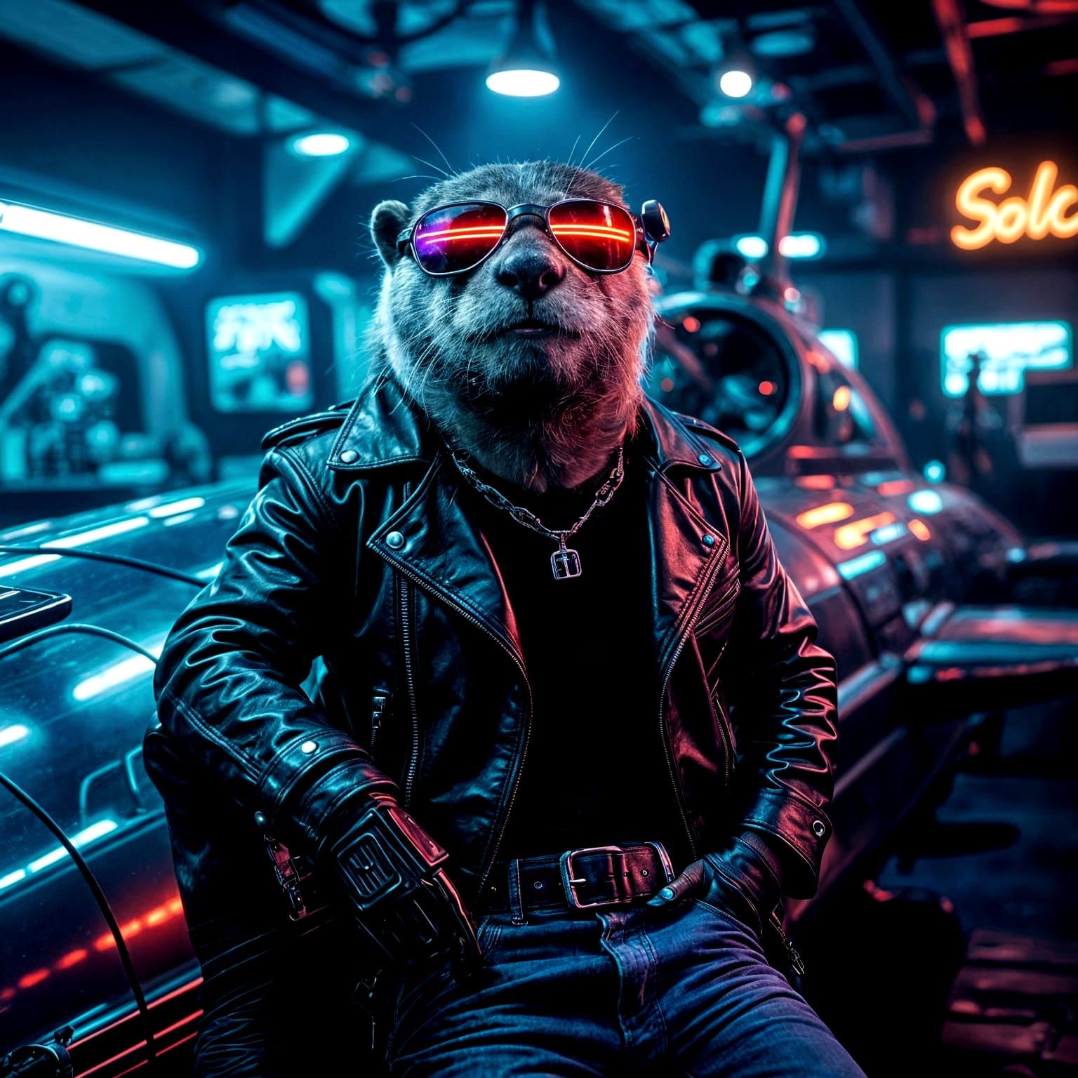Charismatic Otter in Cyberpunk Aquarium