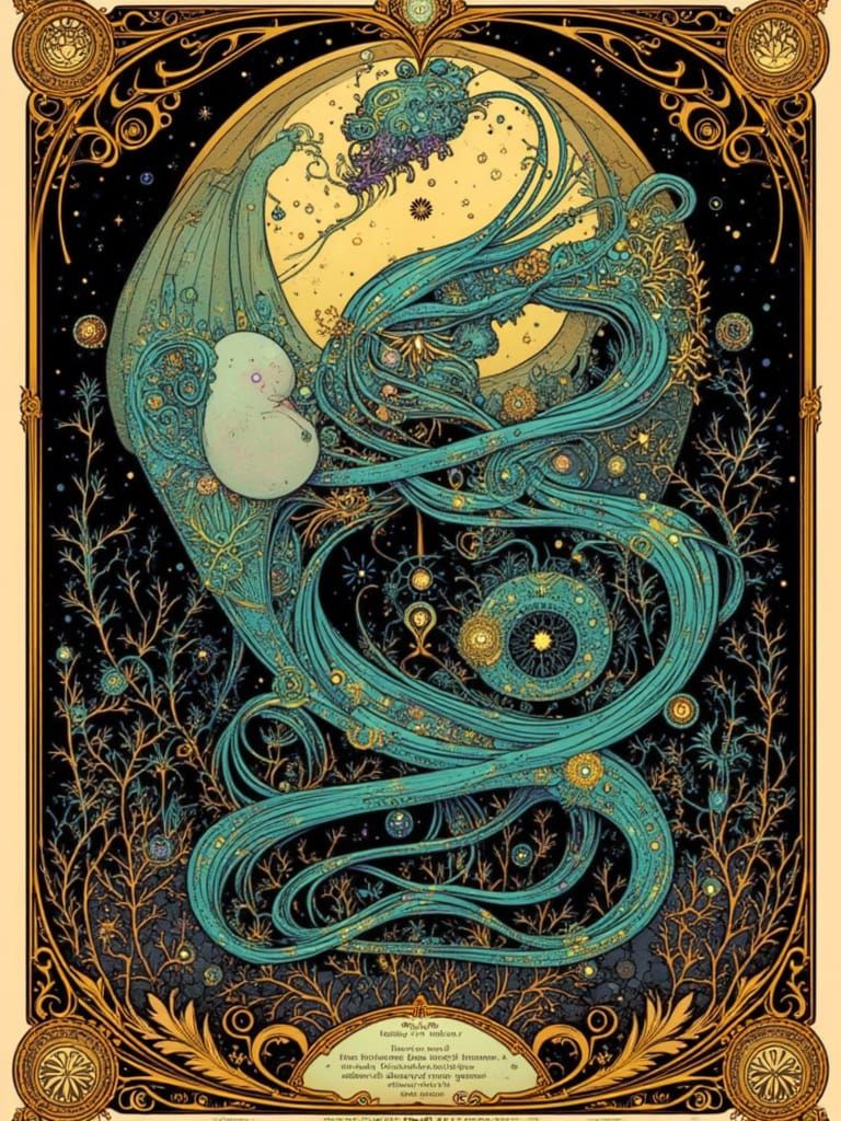 Majestic Creature in Grimoire Page, Art Nouveau Style