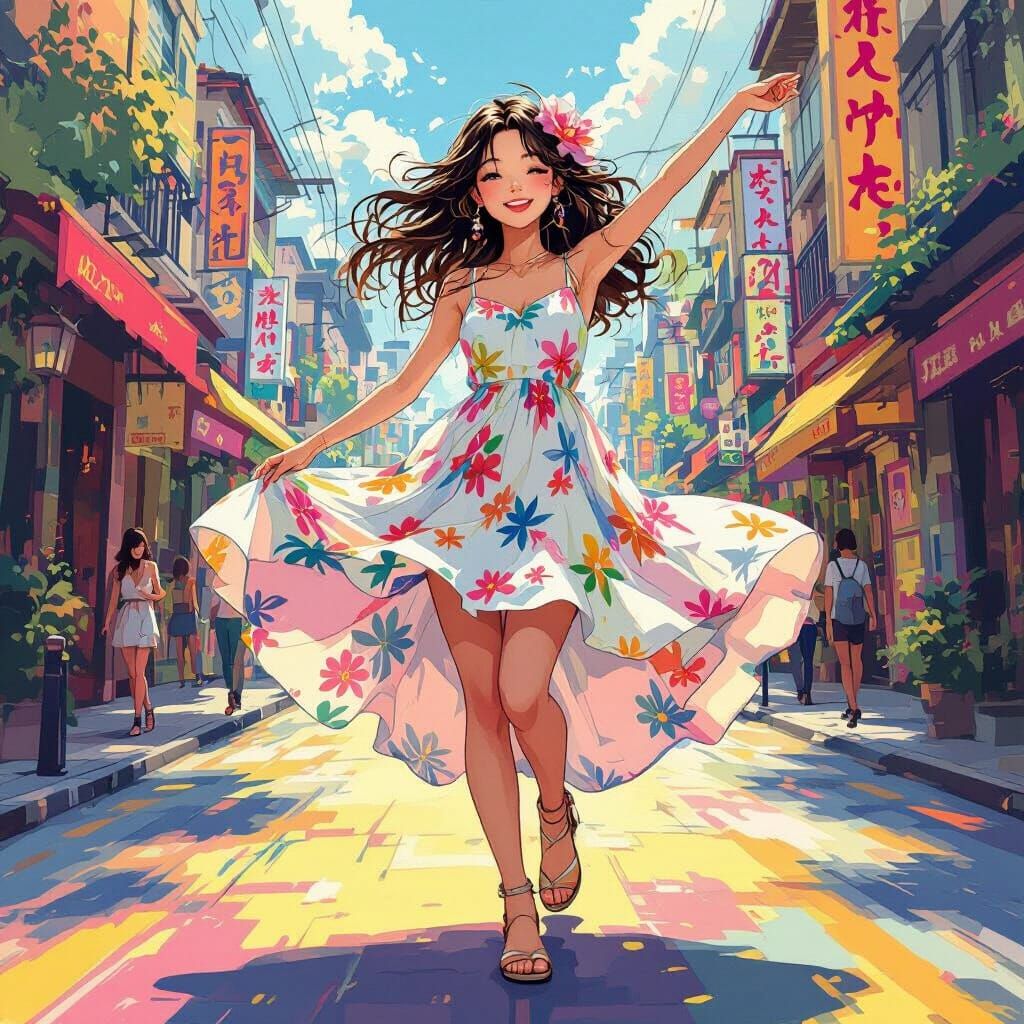 Dancing Girl in Vibrant Cityscape, Pop Art Style