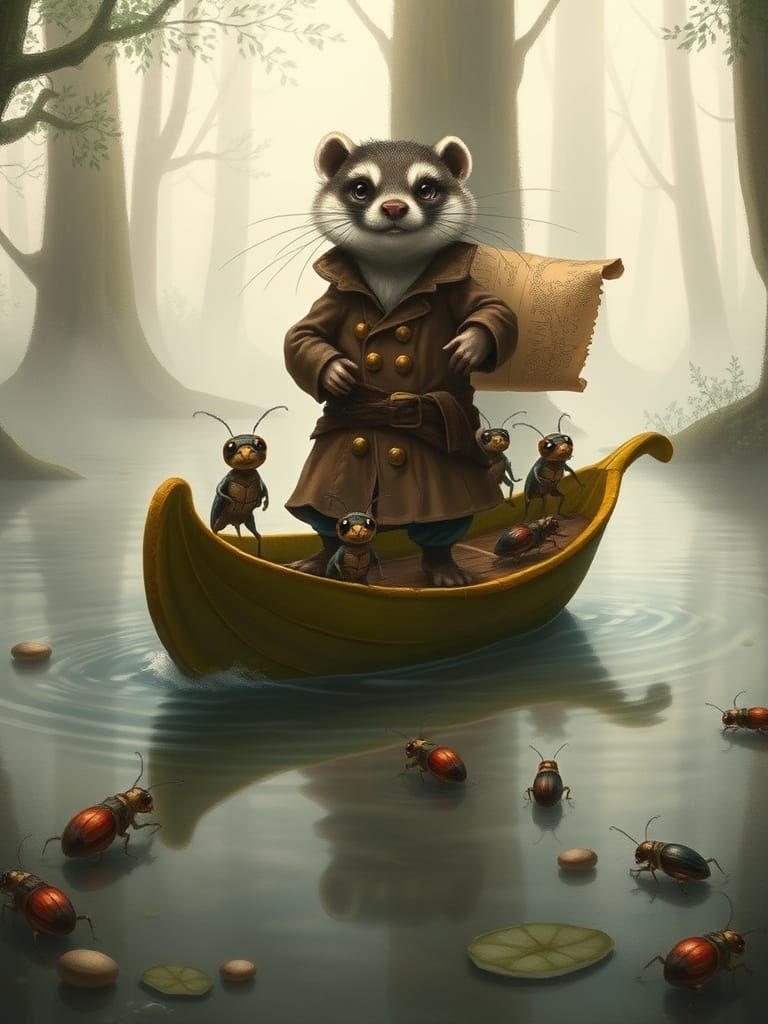 Surreal Whimsy: Stoat Pirate Commands Leaf-Boat Crew in Ench...
