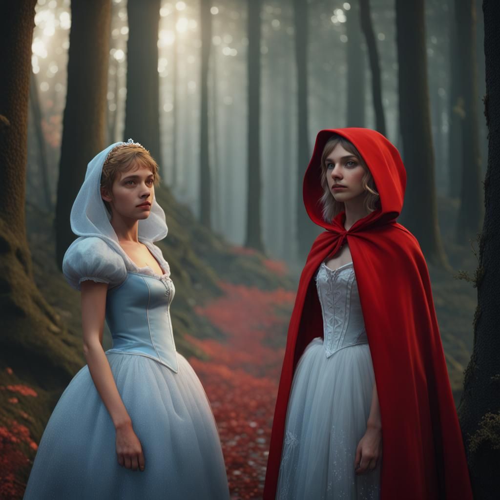 Little Red Riding Hood and Cinderella in Forest