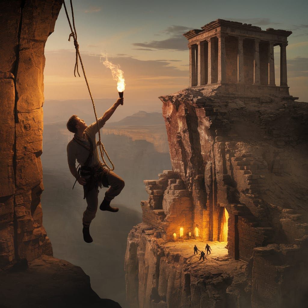 Adventurer Crossing Canyon to Ancient Temple Ruins