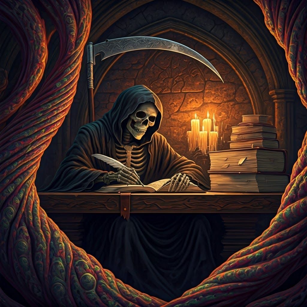 Grim Reaper's Paperwork in Dark Gothic Chamber