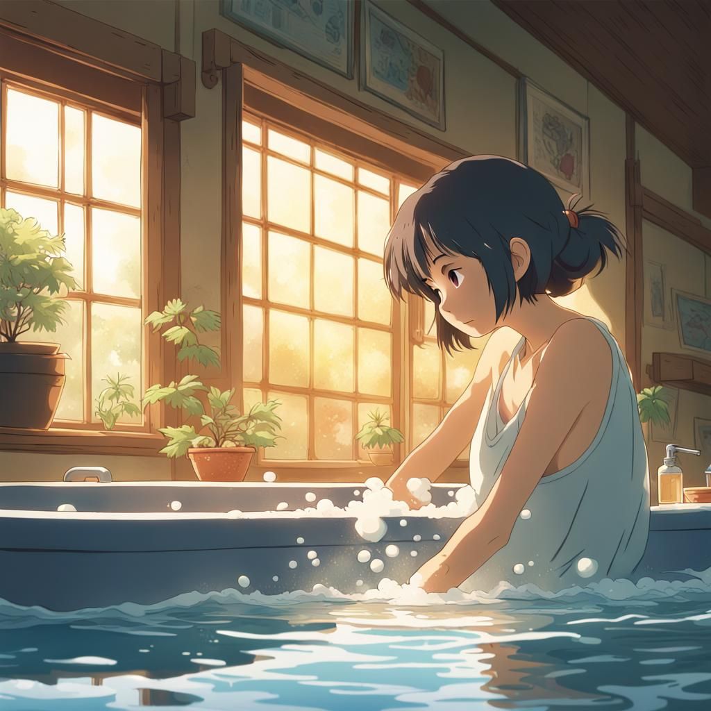 Anime Girl in Bath, Studio Ghibli Style