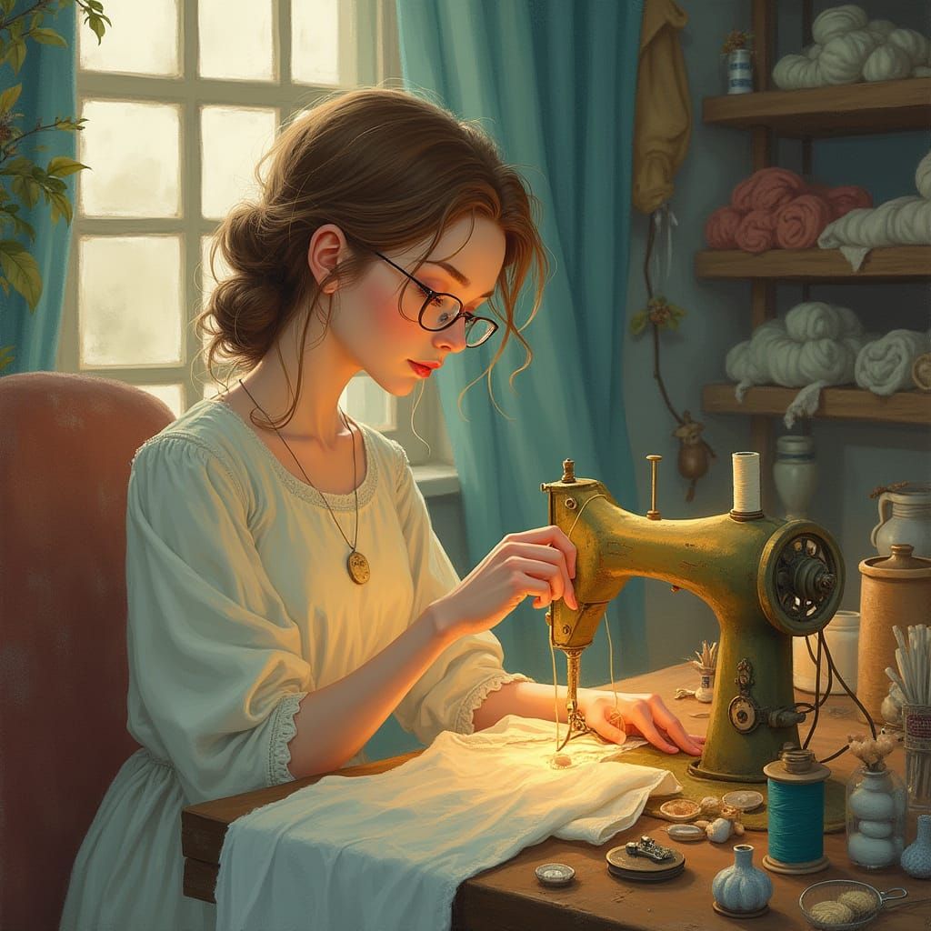 Cozy Sewing Scene in Whimsical Illustration Style