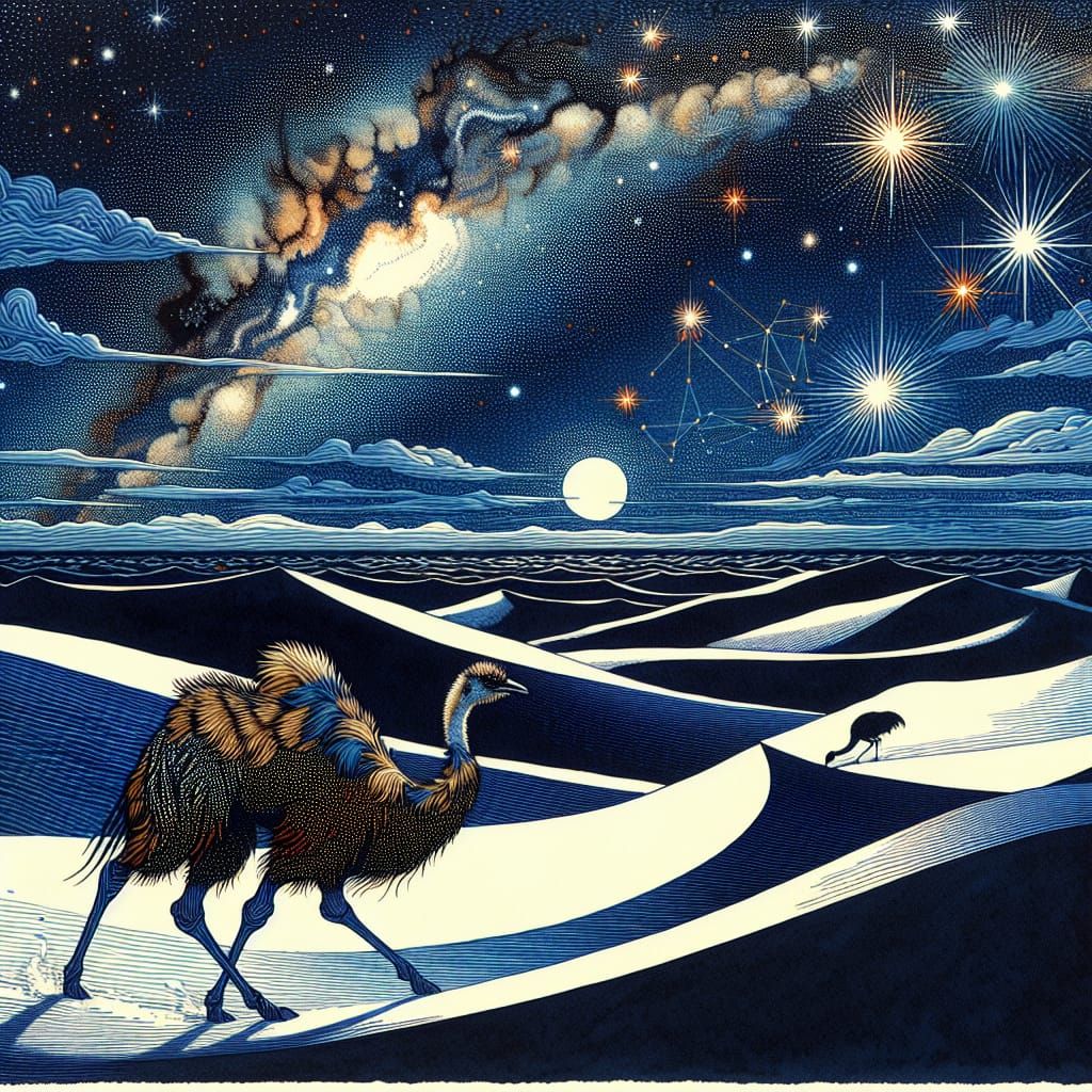 Camel-Emu Hybrid in Desert Night: Pre-1912 Art