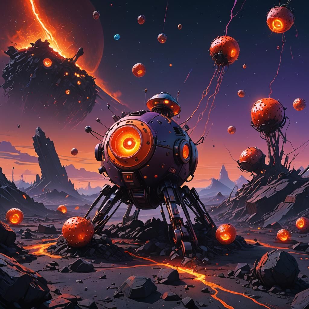 Strawberry Robot Mining Lava Crystals in Space